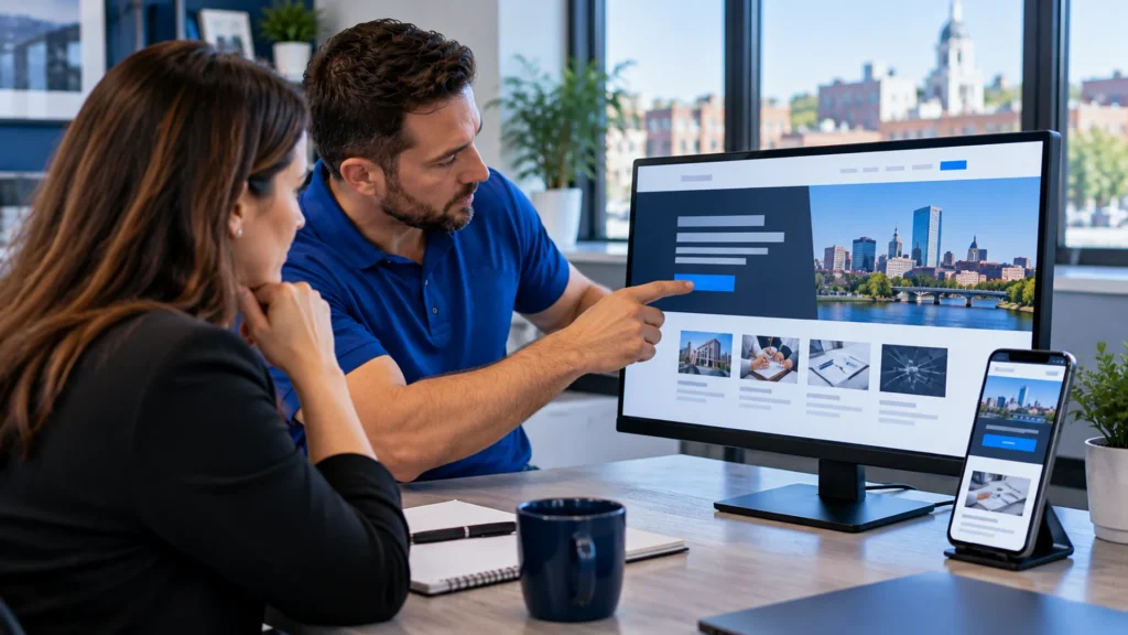 Business owner and web designer reviewing a small-business website layout on a desktop monitor and smartphone.