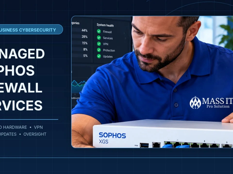 Illustrative IT engineer in a blue Mass IT Pro Solution polo inspecting a business firewall appliance.