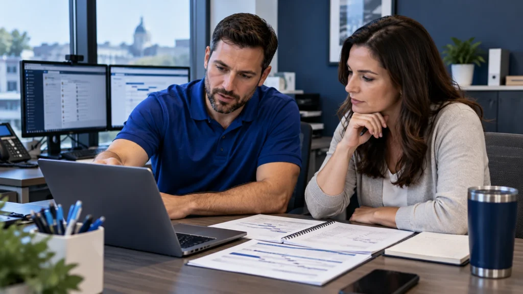 IT consultant and business representative reviewing migration planning information together at an office laptop.