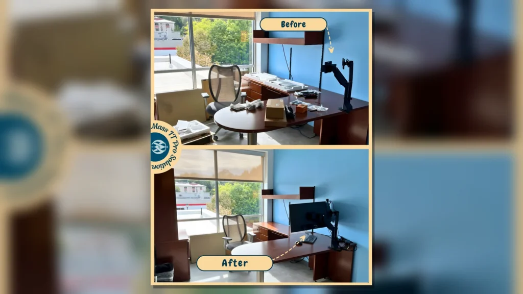 Office desk before and after workstation setup by Mass IT Pro Solution