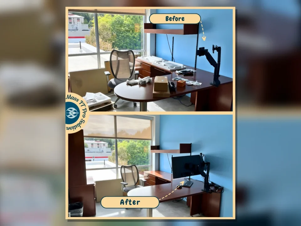 Office desk before and after workstation setup by Mass IT Pro Solution