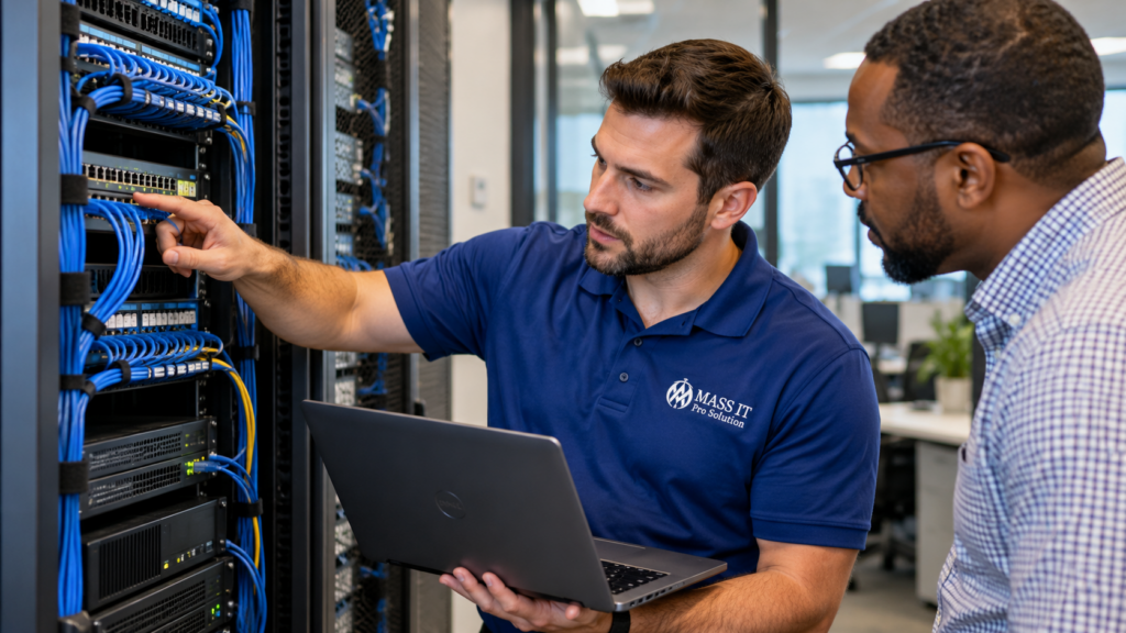 IT specialist checking a business network rack with a laptop while an office colleague observes.