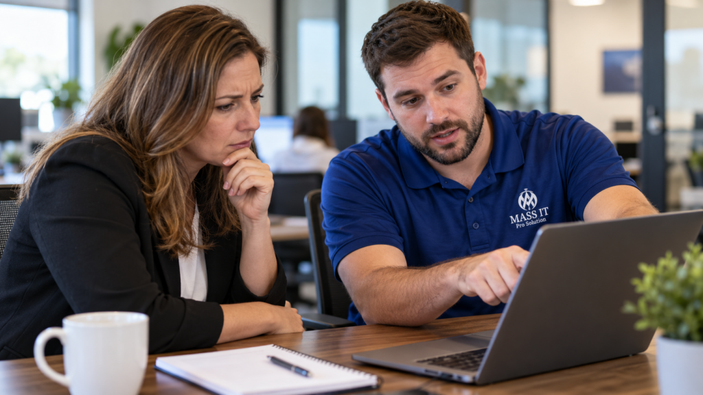 IT specialist and office employee reviewing an email issue together on a laptop during troubleshooting.