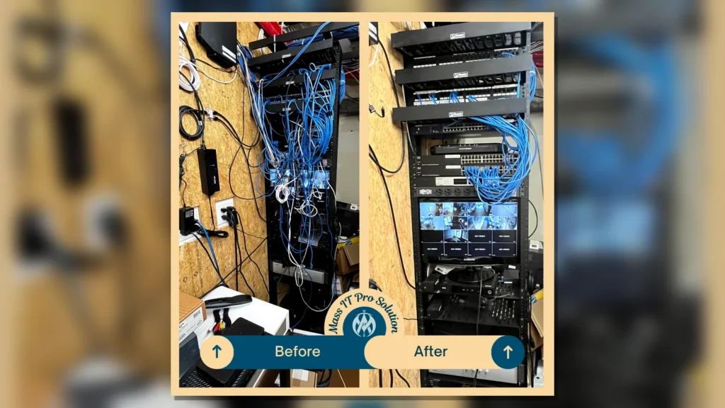 Network rack before and after cleanup by Mass IT Pro Solution