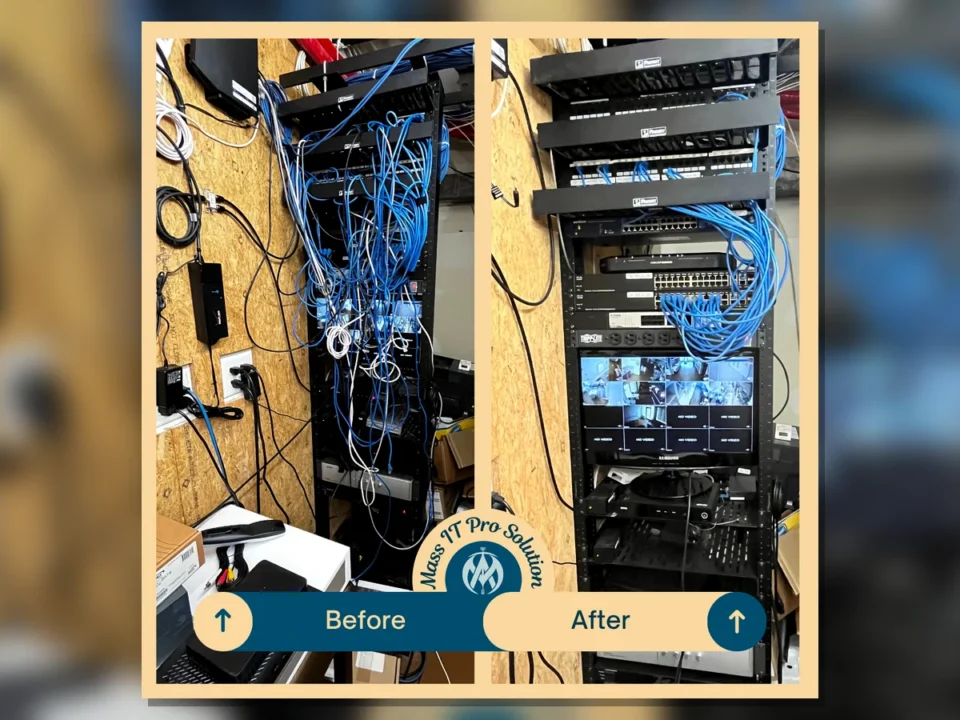 Network rack before and after cleanup by Mass IT Pro Solution
