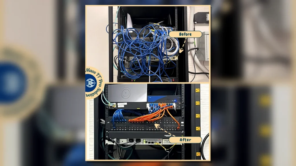Warehouse rack before and after cable cleanup by Mass IT Pro Solution
