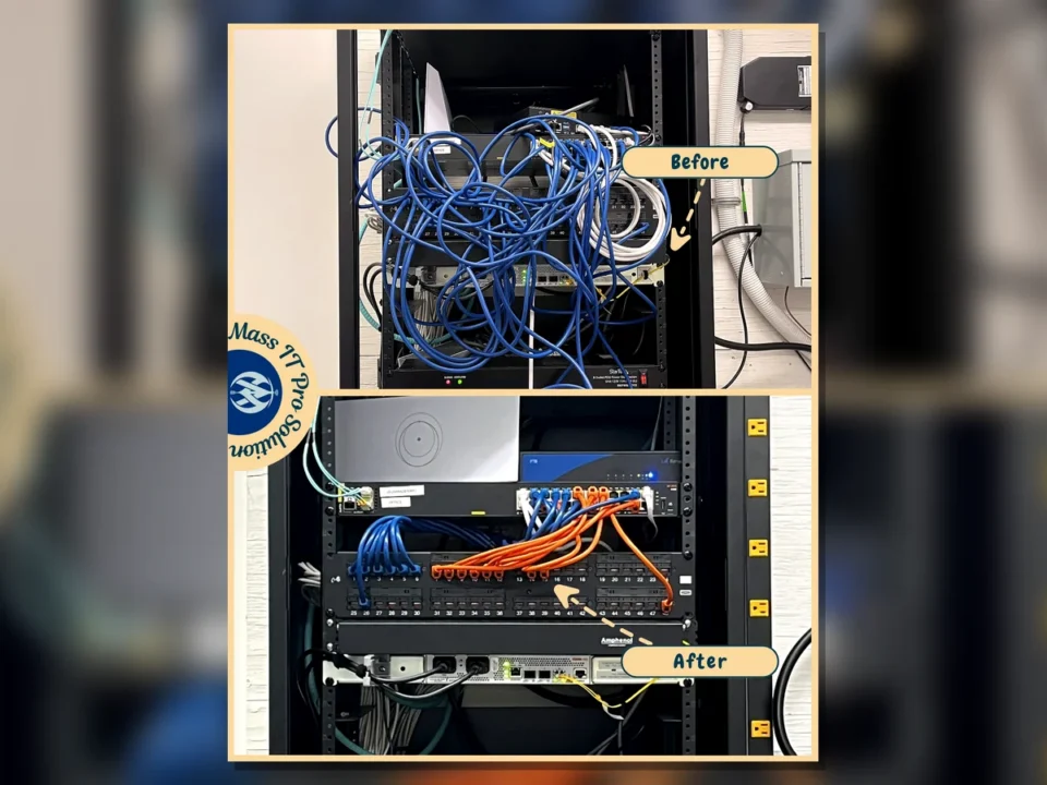 Warehouse rack before and after cable cleanup by Mass IT Pro Solution