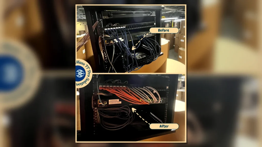 Switch rack cable management cleanup by Mass IT Pro Solution