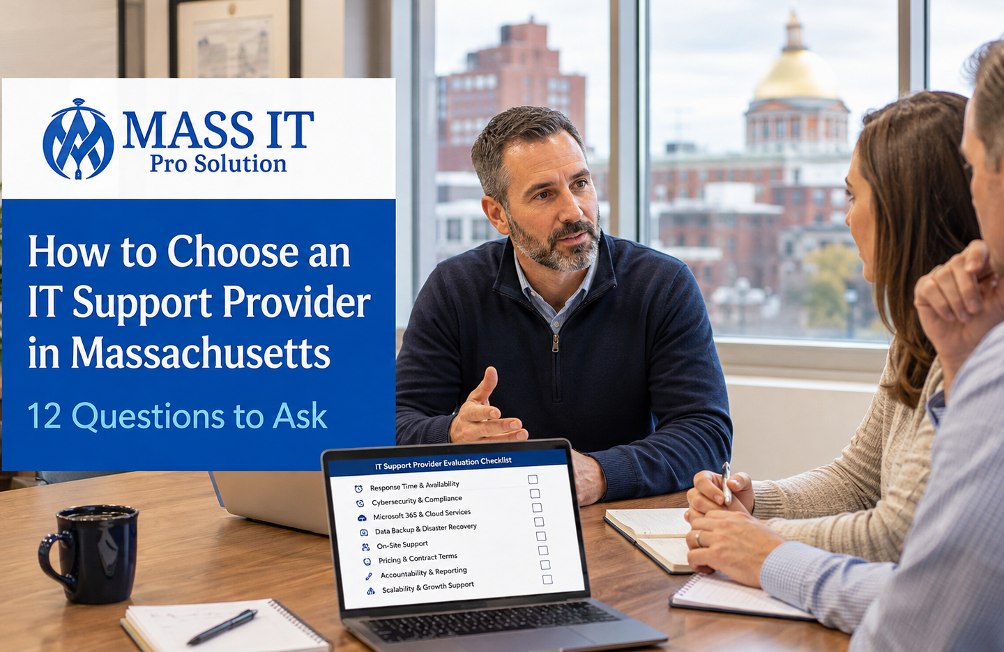 Choosing an IT support provider in Massachusetts? Ask these 12 questions about cybersecurity, response times, Microsoft 365, backups, onsite support, pricing, and accountability.