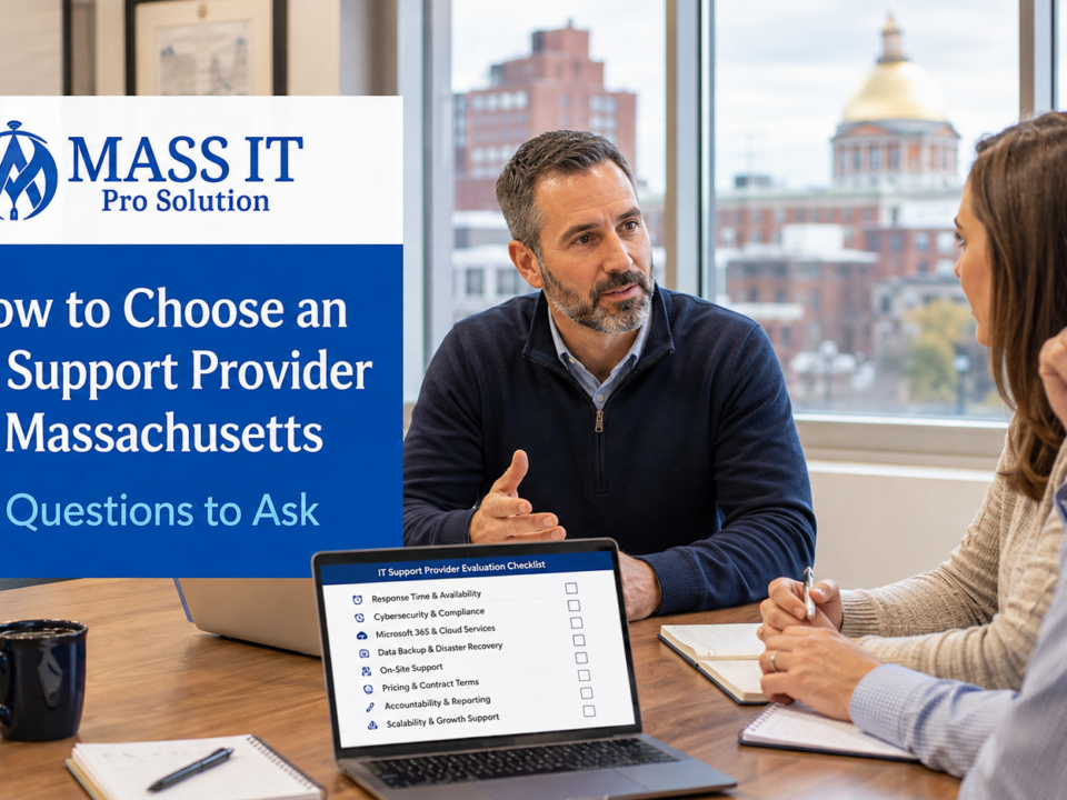 Choosing an IT support provider in Massachusetts? Ask these 12 questions about cybersecurity, response times, Microsoft 365, backups, onsite support, pricing, and accountability.