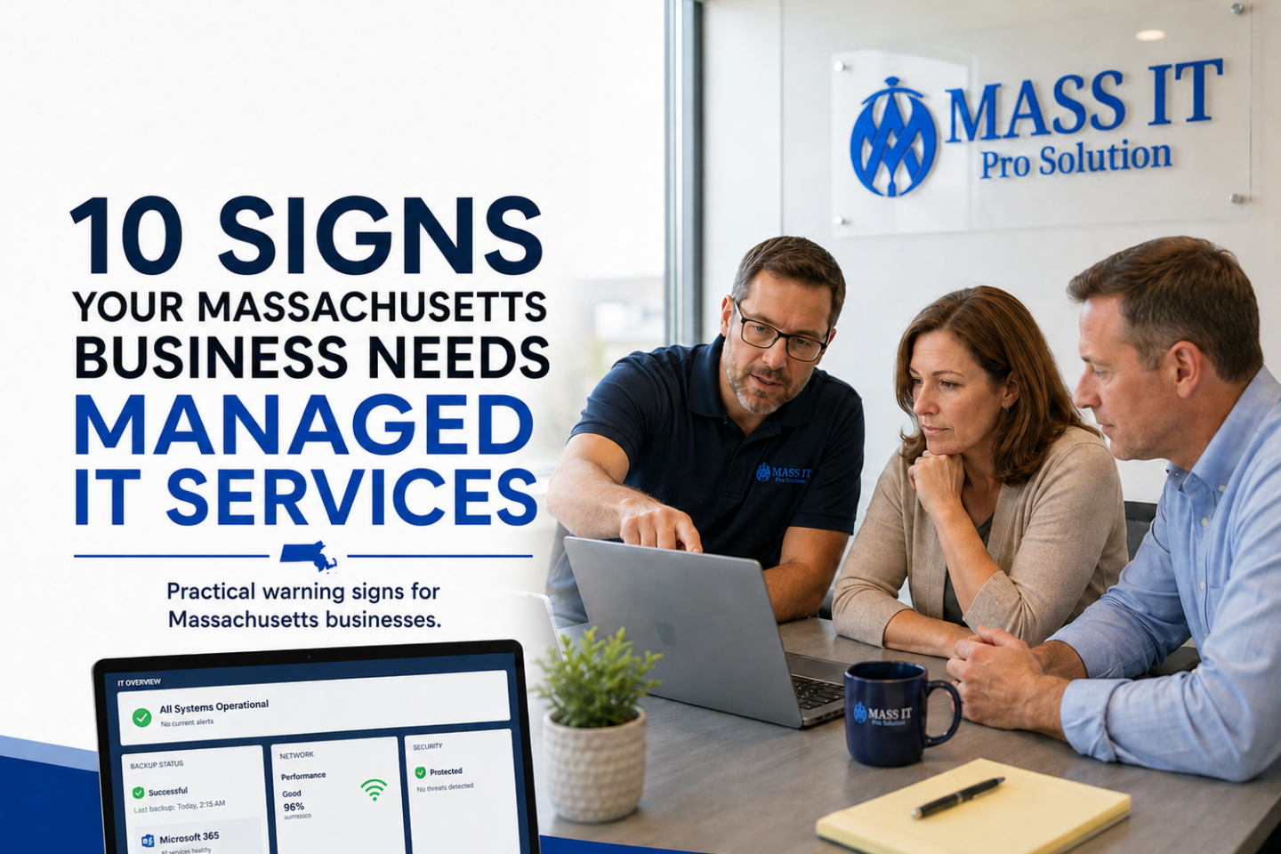 Massachusetts business reviewing managed IT support, cybersecurity, Microsoft 365, backups, and network performance