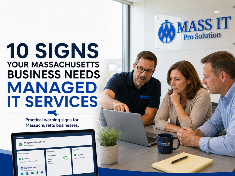 Massachusetts business reviewing managed IT support, cybersecurity, Microsoft 365, backups, and network performance