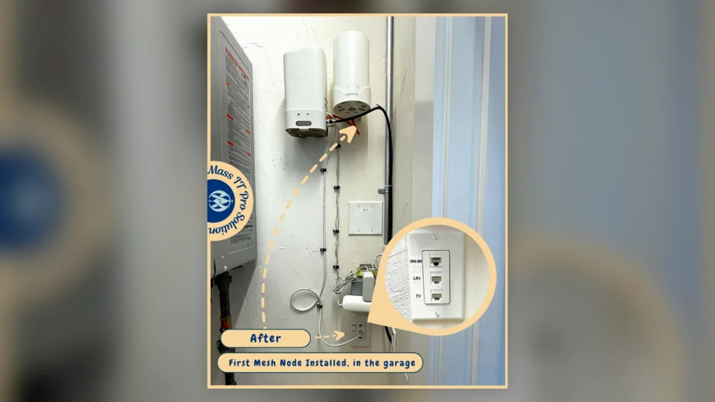 Installed mesh Wi‑Fi node in the garage area with labeled CAT6 wall ports during a residential network upgrade in Brighton Massachusetts.