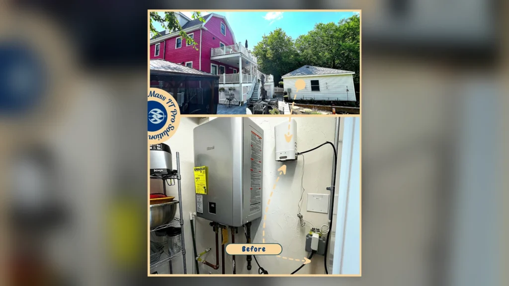Overview of a Brighton Massachusetts home and detached garage where Mass IT Pro Solution installed a mesh Wi‑Fi system to improve coverage between both buildings.