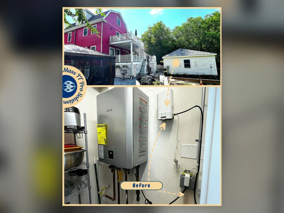 Overview of a Brighton Massachusetts home and detached garage where Mass IT Pro Solution installed a mesh Wi‑Fi system to improve coverage between both buildings.