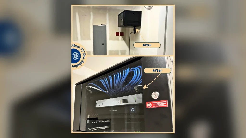 Completed wall-mounted network rack with organized Ethernet cabling, Sophos firewall, and business network equipment for a Massachusetts excavation company.
