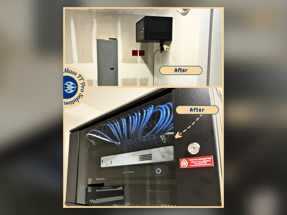 Completed wall-mounted network rack with organized Ethernet cabling, Sophos firewall, and business network equipment for a Massachusetts excavation company.