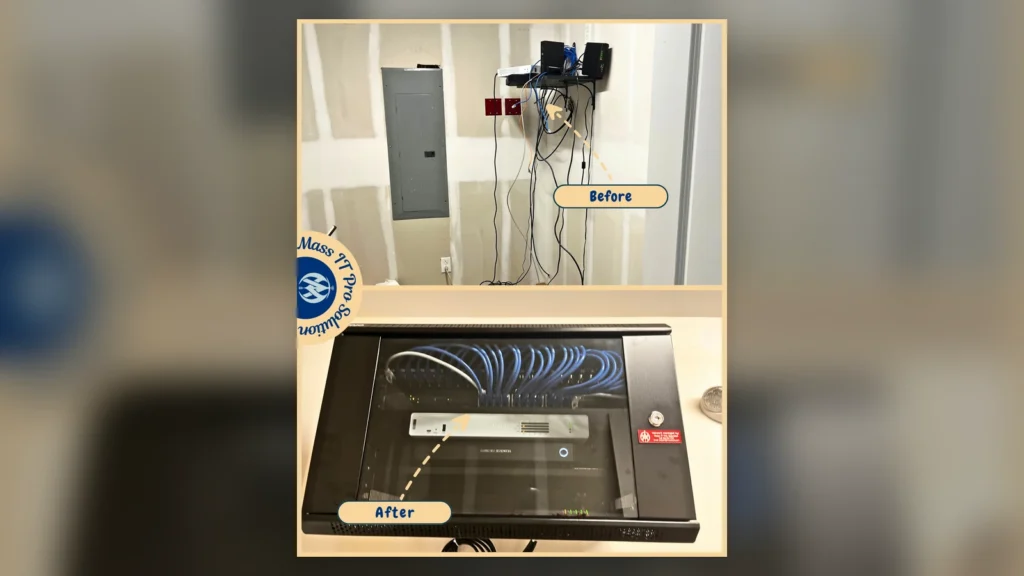 Before-and-after network rack upgrade for a Massachusetts excavation company, replacing loose network equipment with a secured rack and organized cabling.