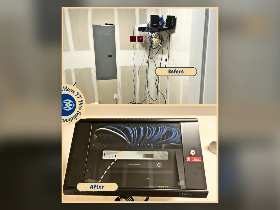 Before-and-after network rack upgrade for a Massachusetts excavation company, replacing loose network equipment with a secured rack and organized cabling.