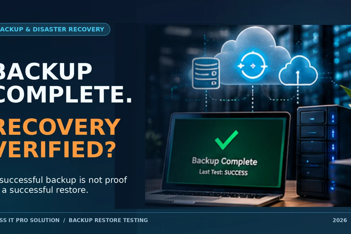 Conceptual image of backup verification with the question “Recovery verified?” for Massachusetts business IT planning.