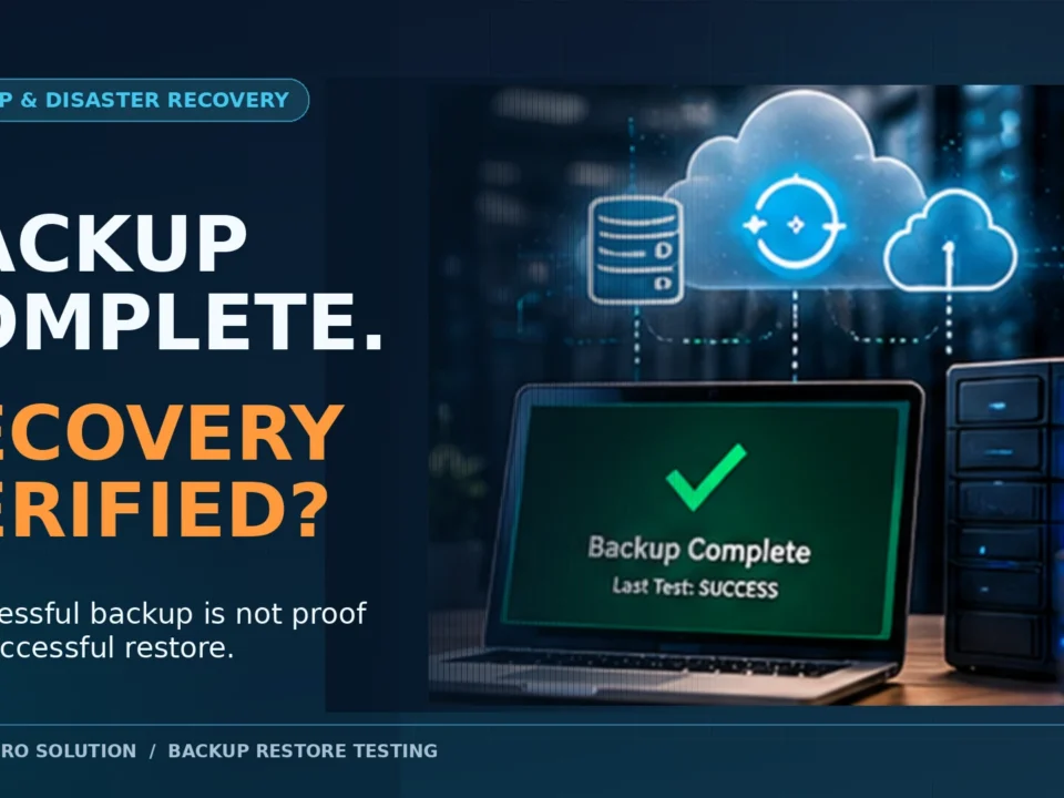 Conceptual image of backup verification with the question “Recovery verified?” for Massachusetts business IT planning.