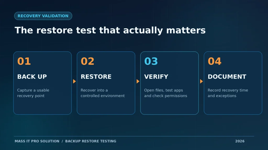 Diagram showing backup, restore, verification, and documentation stages of a business data recovery test.