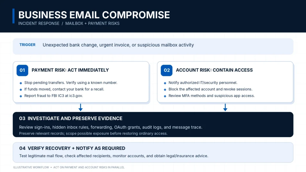 BEC response diagram showing urgent bank contact, account containment, investigation of forwarding and sign-ins, and recovery verification.