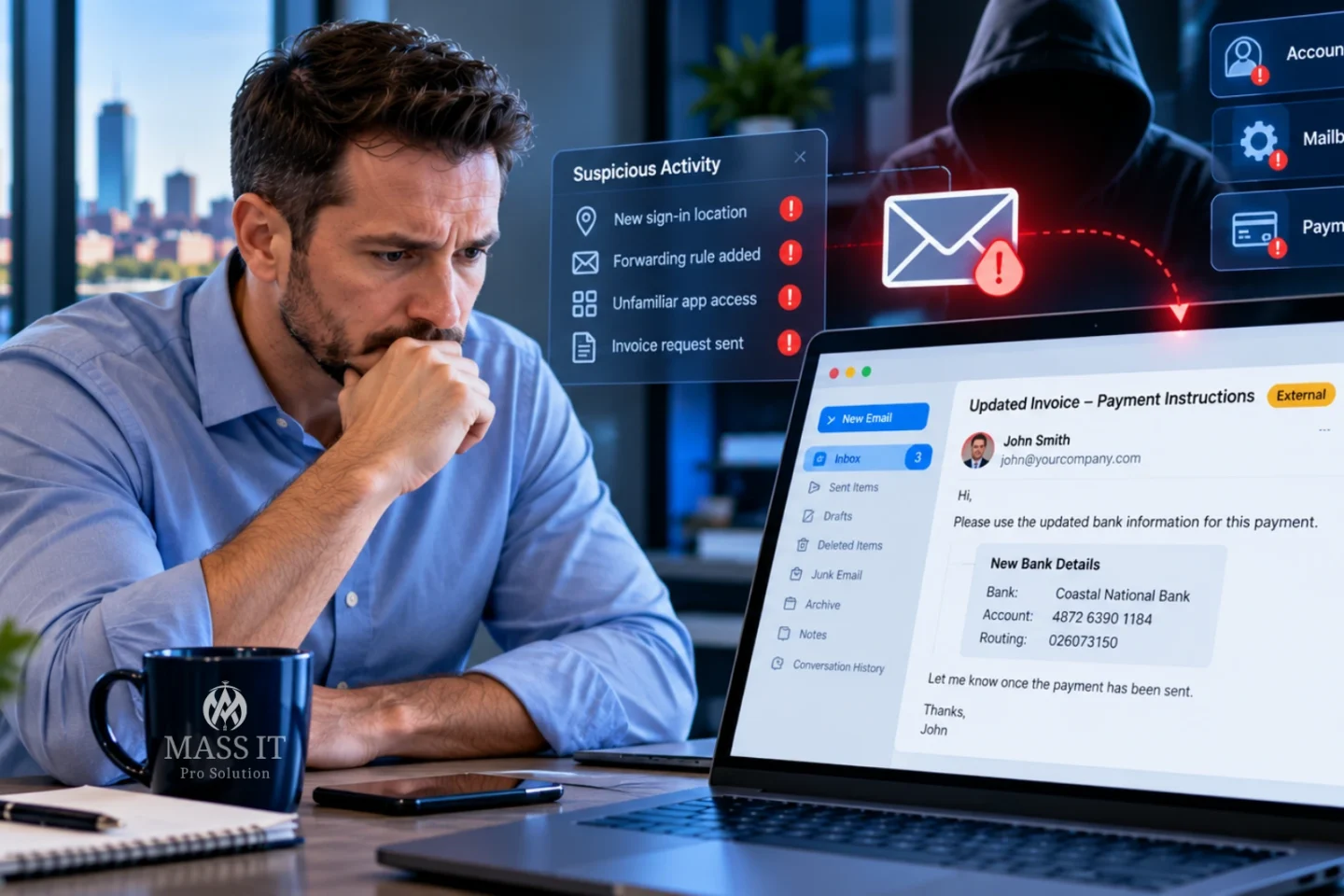 Business email compromise featured graphic showing a concerned business owner and a fraudulent payment-instruction path reaching a customer.