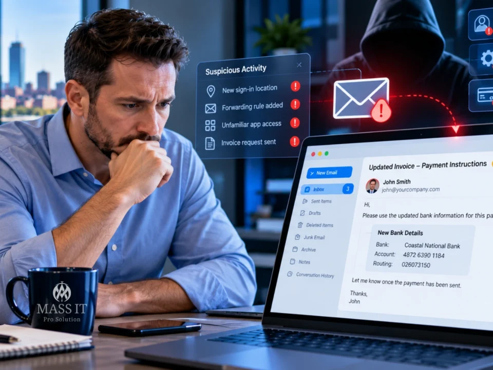 Business email compromise featured graphic showing a concerned business owner and a fraudulent payment-instruction path reaching a customer.