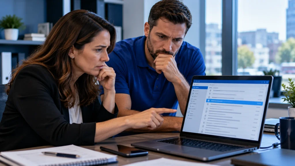 Business manager and IT specialist reviewing suspicious messages together on a laptop in an office.