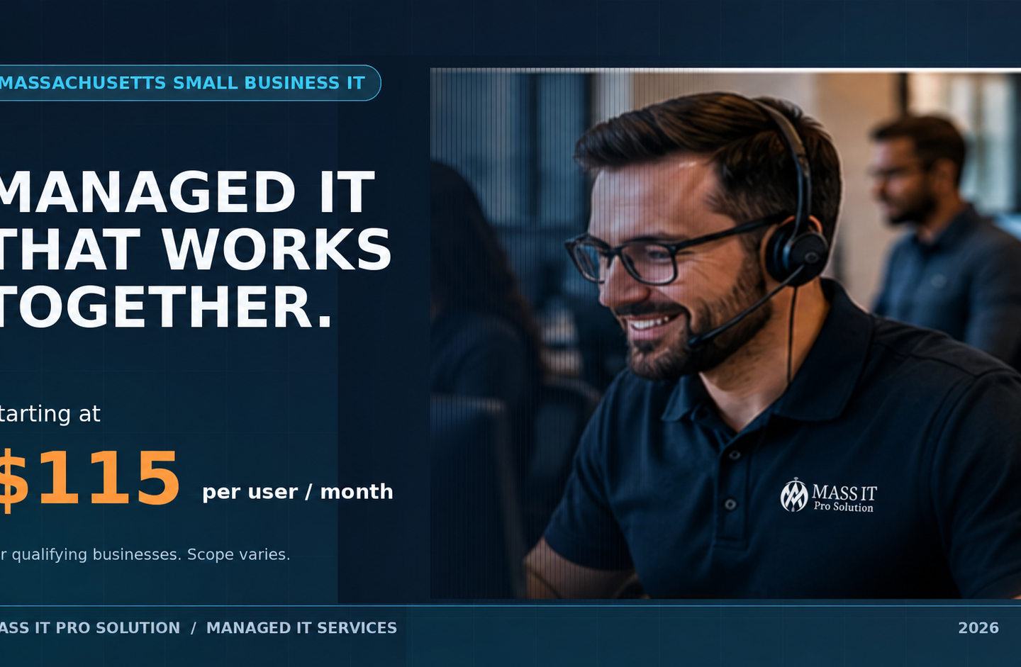 Conceptual managed IT service image showing a technical support specialist and starting price of $115 per user per month for qualifying Massachusetts businesses.