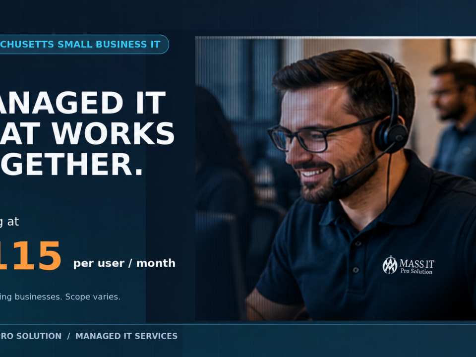 Conceptual managed IT service image showing a technical support specialist and starting price of $115 per user per month for qualifying Massachusetts businesses.