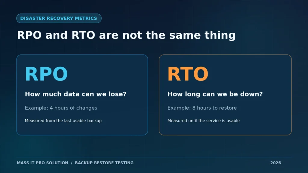 Comparison graphic explaining recovery point objective (RPO) and recovery time objective (RTO) with illustrative four- and eight-hour examples.
