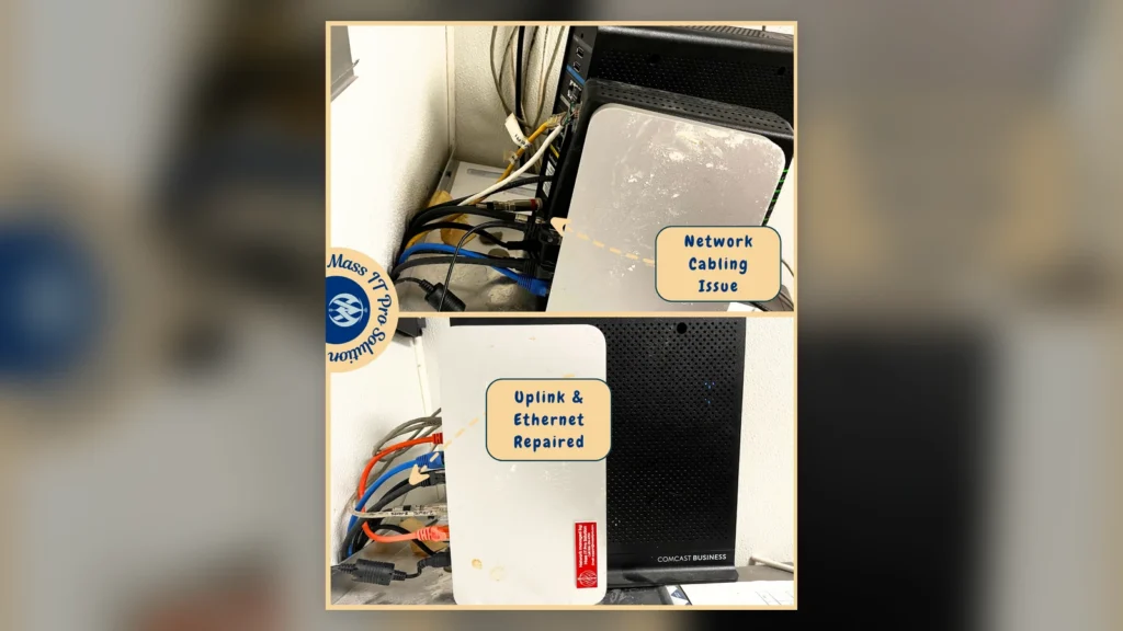 Restaurant network cabling before repair and after Ethernet uplink restoration in Needham, Massachusetts.