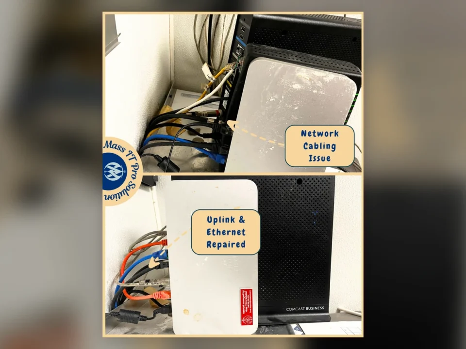 Restaurant network cabling before repair and after Ethernet uplink restoration in Needham, Massachusetts.