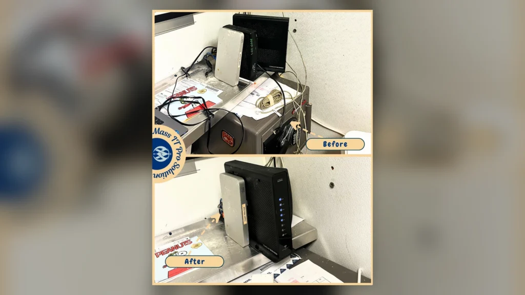 Before-and-after view of restaurant network equipment after Toast POS and network connectivity repairs in Needham, Massachusetts.