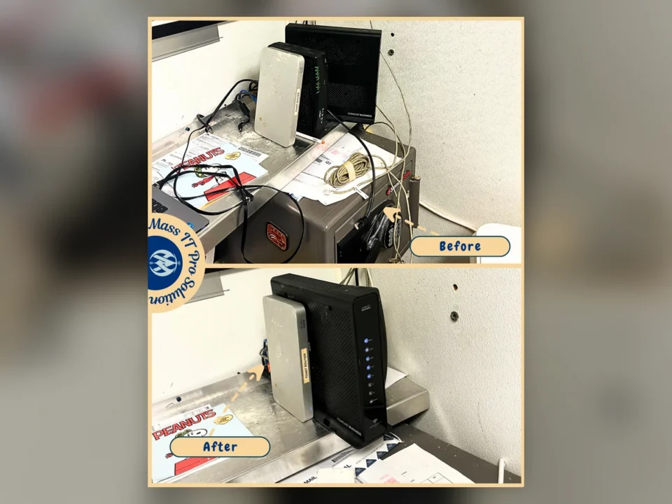 Before-and-after view of restaurant network equipment after Toast POS and network connectivity repairs in Needham, Massachusetts.