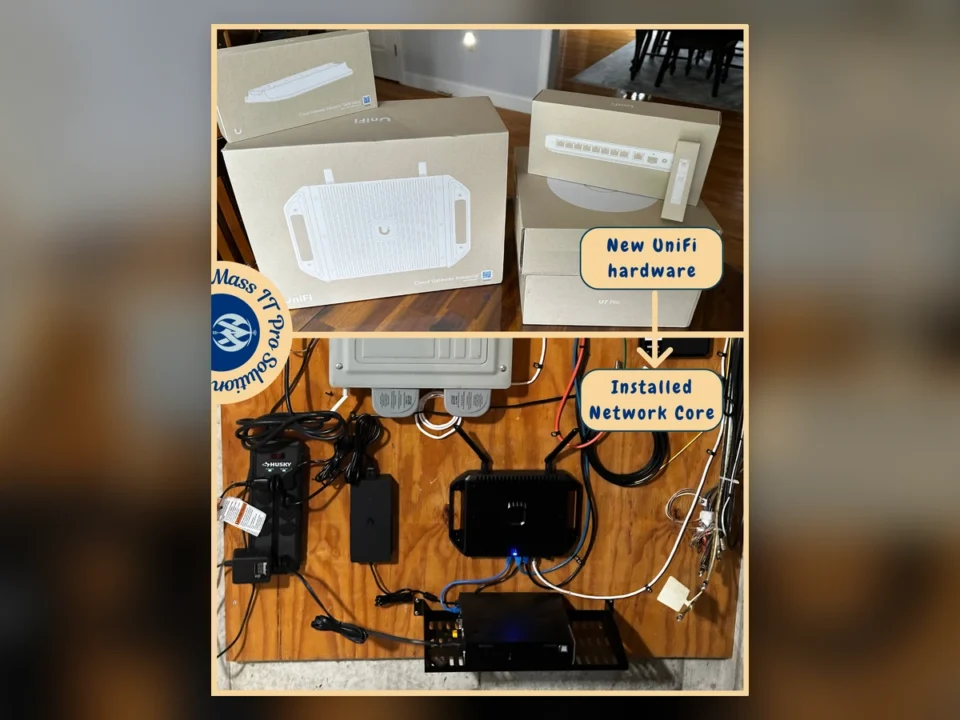 UniFi gateway and network switch installed as part of a residential network upgrade in Massachusetts.