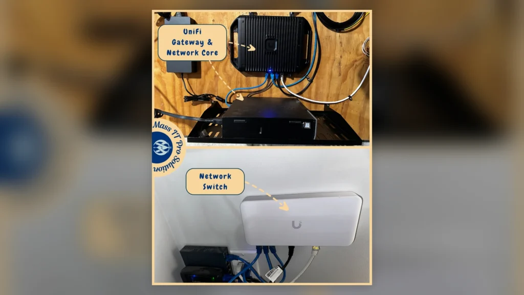 Ceiling-mounted UniFi Wi-Fi 7 access points installed on multiple floors of a Massachusetts home.