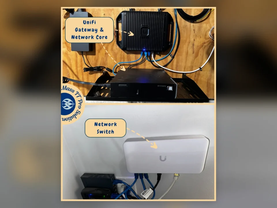 Ceiling-mounted UniFi Wi-Fi 7 access points installed on multiple floors of a Massachusetts home.
